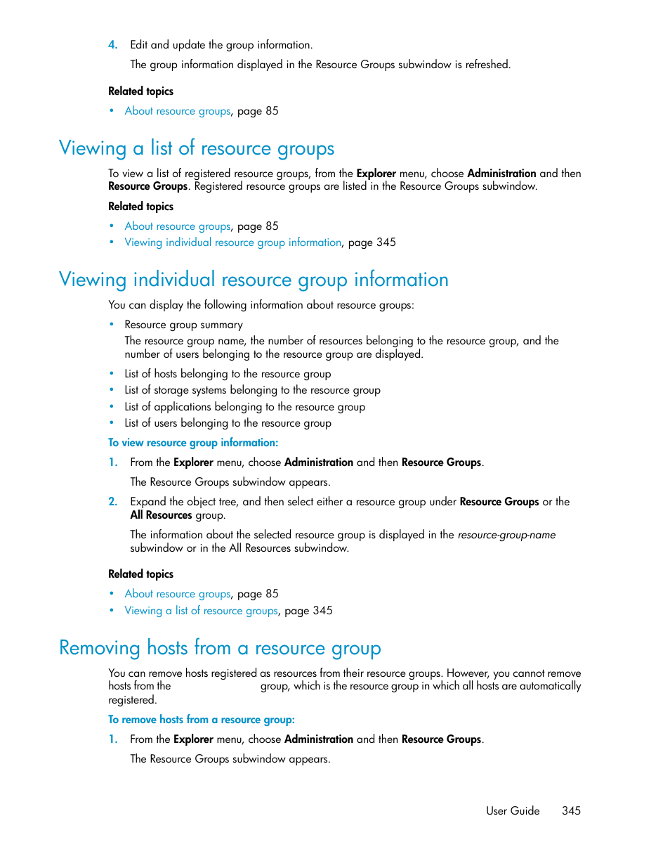 Viewing a list of resource groups, Viewing individual resource group information, Removing hosts from a resource group | 345 viewing individual resource group information, 345 removing hosts from a resource group | HP XP P9000 Command View Advanced Edition Software User Manual | Page 345 / 470