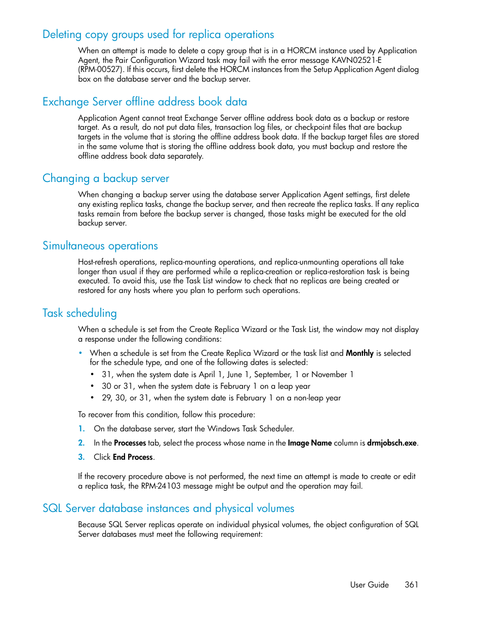 Deleting copy groups used for replica operations, Exchange server offline address book data, Changing a backup server | Simultaneous operations, Task scheduling, Sql server database instances and physical volumes | HP XP P9000 Command View Advanced Edition Software User Manual | Page 361 / 470