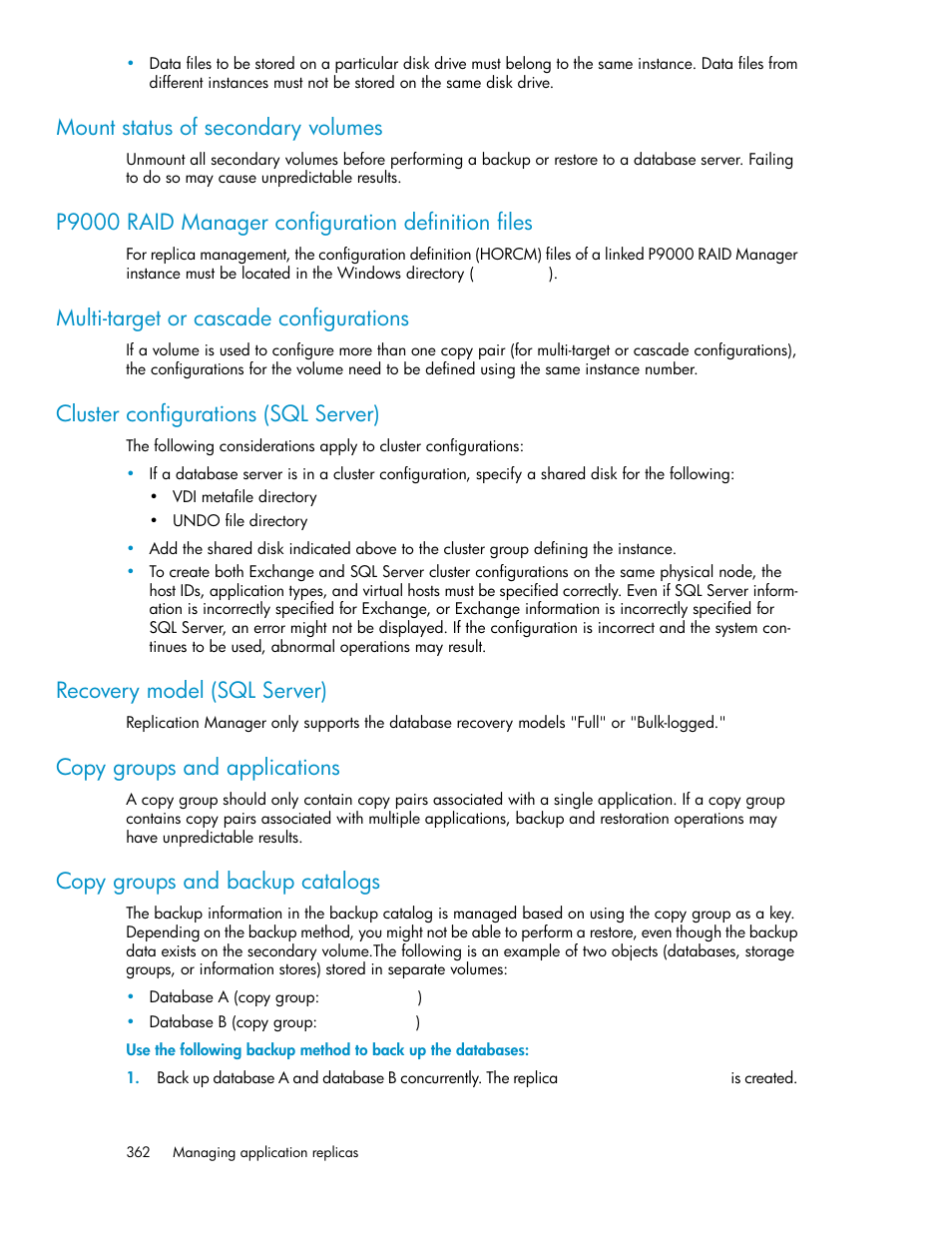 Mount status of secondary volumes, P9000 raid manager configuration definition files, Multi-target or cascade configurations | Cluster configurations (sql server), Recovery model (sql server), Copy groups and applications, Copy groups and backup catalogs | HP XP P9000 Command View Advanced Edition Software User Manual | Page 362 / 470