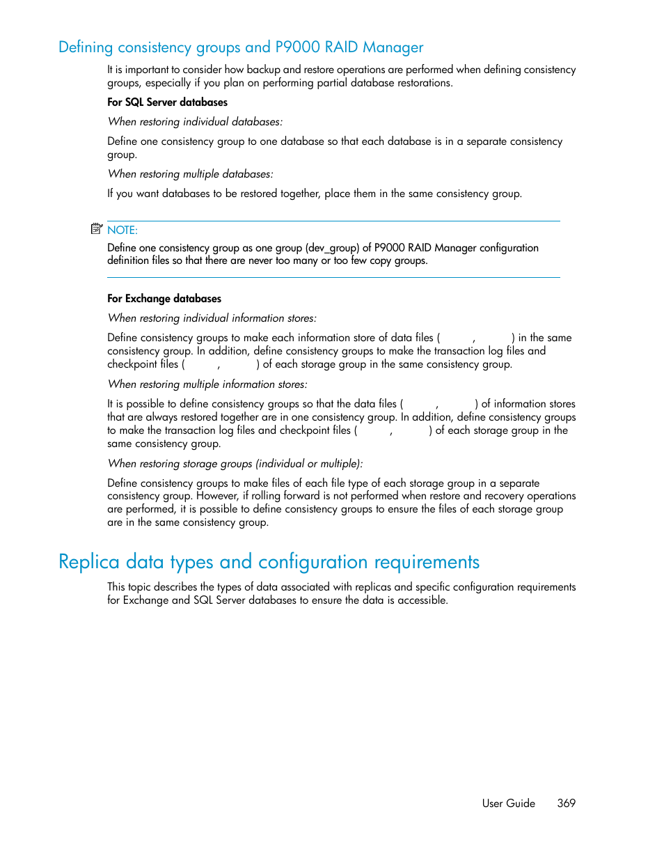 Replica data types and configuration requirements, Defining consistency groups and p9000 raid manager | HP XP P9000 Command View Advanced Edition Software User Manual | Page 369 / 470