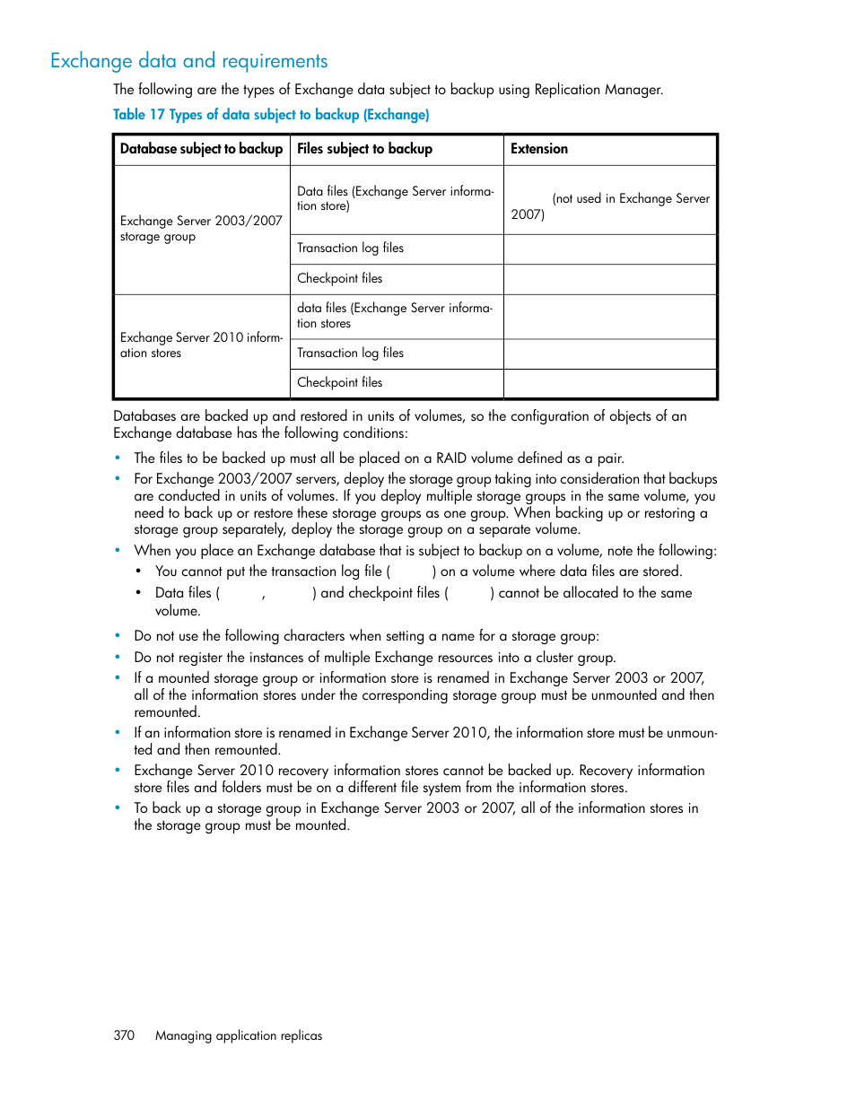 Types of data subject to backup (exchange), Exchange data and requirements | HP XP P9000 Command View Advanced Edition Software User Manual | Page 370 / 470