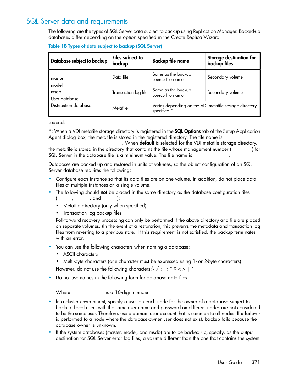 Types of data subject to backup (sql server), Sql server data and requirements | HP XP P9000 Command View Advanced Edition Software User Manual | Page 371 / 470