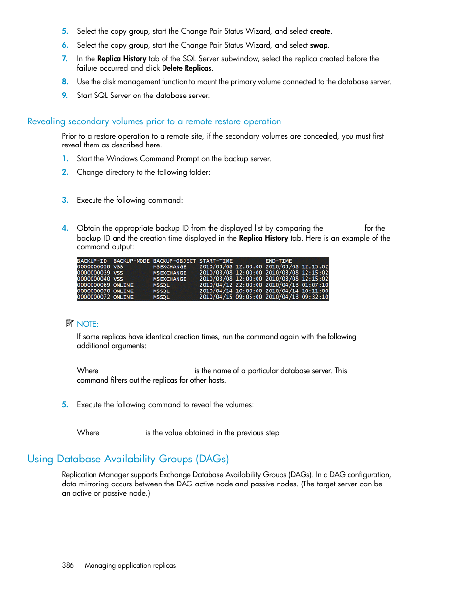 Using database availability groups (dags), E in, Revealing secondary | Volumes prior to a remote restore operation | HP XP P9000 Command View Advanced Edition Software User Manual | Page 386 / 470