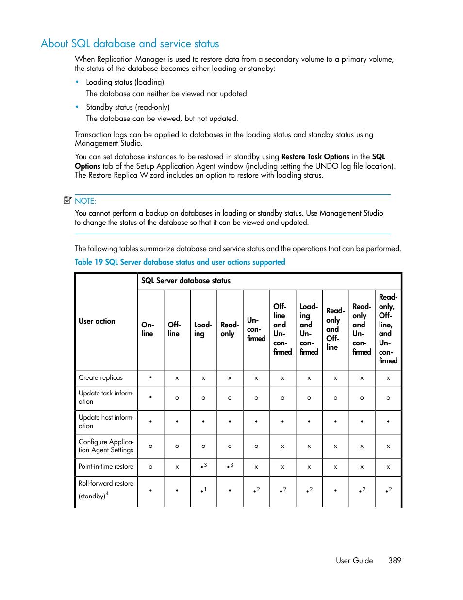 About sql database and service status | HP XP P9000 Command View Advanced Edition Software User Manual | Page 389 / 470