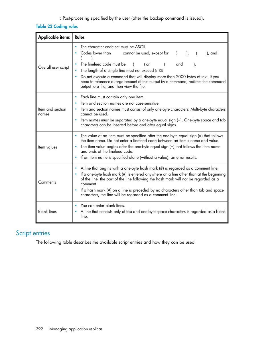 Coding rules, Script entries | HP XP P9000 Command View Advanced Edition Software User Manual | Page 392 / 470