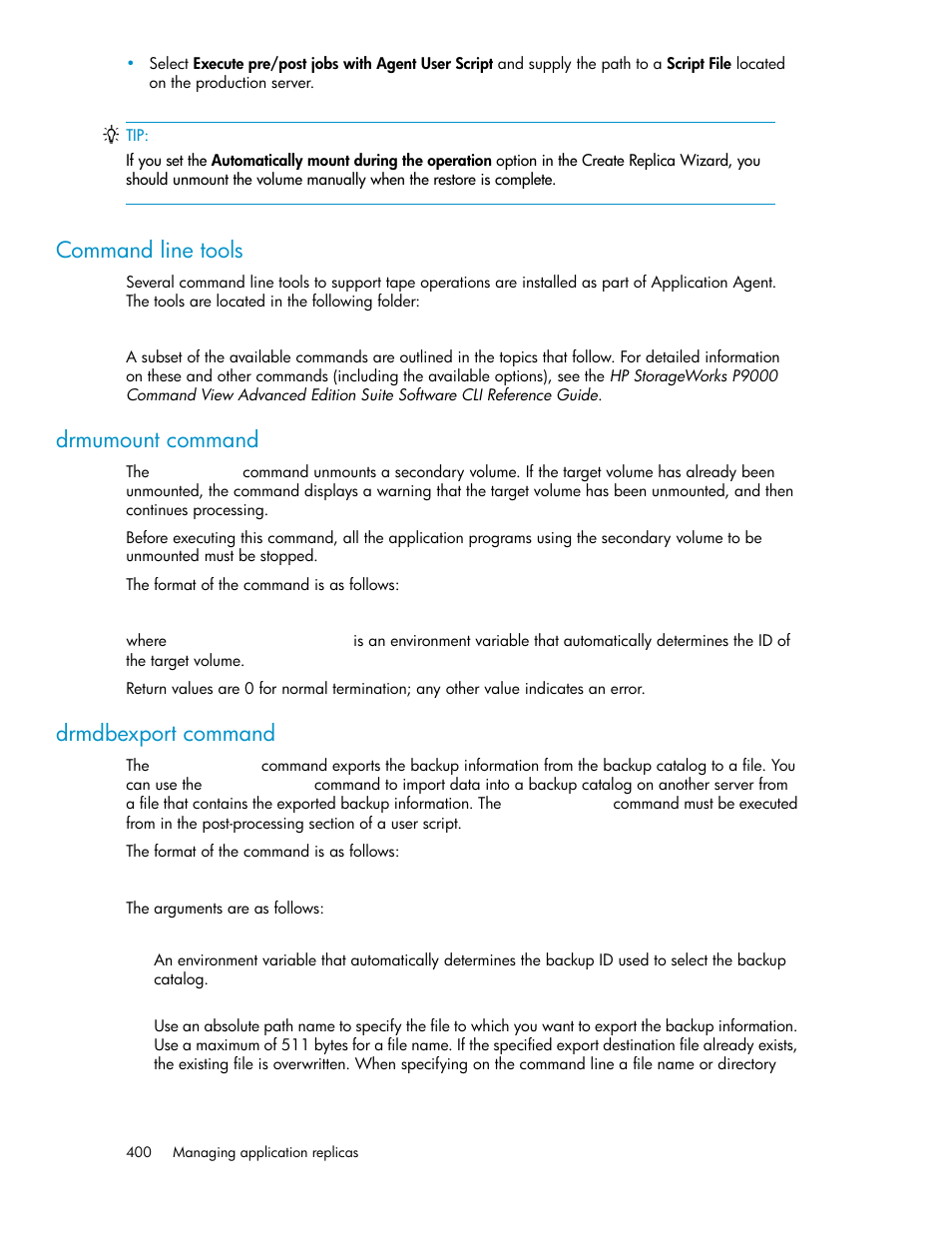 Command line tools, Drmumount command, Drmdbexport command | HP XP P9000 Command View Advanced Edition Software User Manual | Page 400 / 470