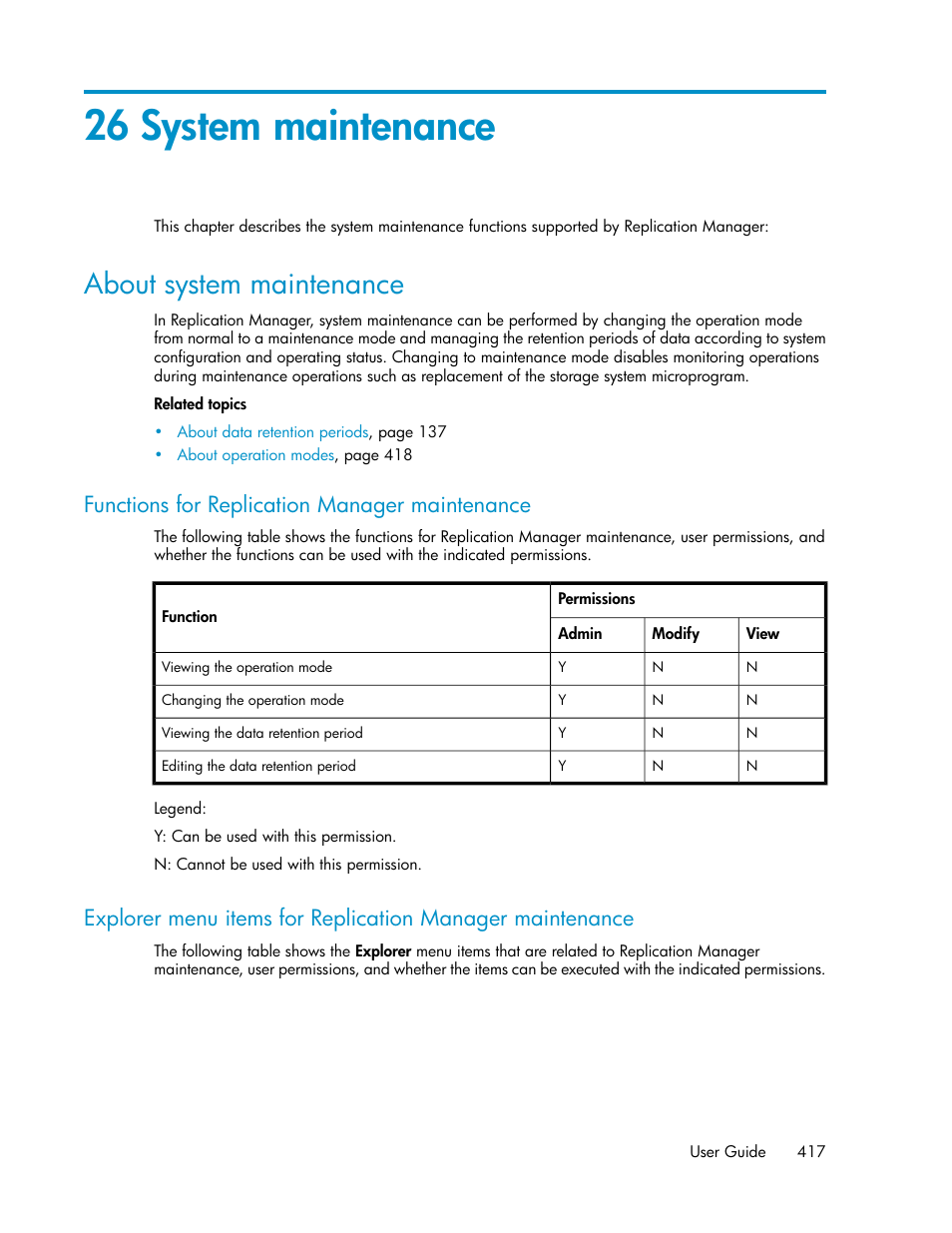 26 system maintenance, About system maintenance, Functions for replication manager maintenance | HP XP P9000 Command View Advanced Edition Software User Manual | Page 417 / 470