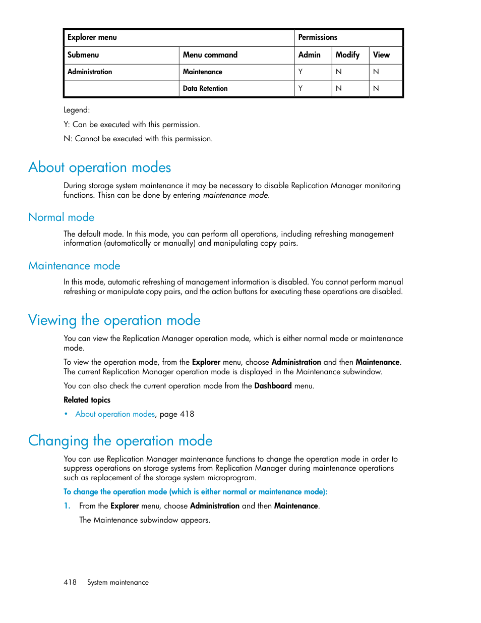 About operation modes, Viewing the operation mode, Changing the operation mode | 418 viewing the operation mode, 418 changing the operation mode, Normal mode, Maintenance mode | HP XP P9000 Command View Advanced Edition Software User Manual | Page 418 / 470
