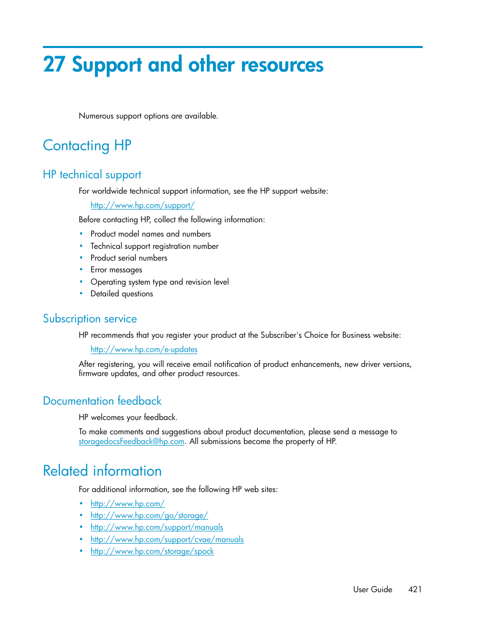 27 support and other resources, Contacting hp, Hp technical support | Subscription service, Documentation feedback, Related information, 421 documentation feedback | HP XP P9000 Command View Advanced Edition Software User Manual | Page 421 / 470