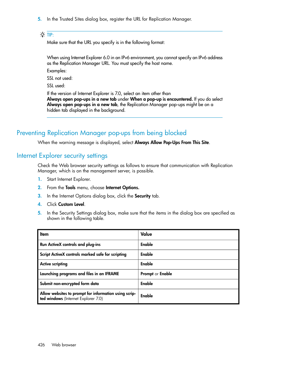 Internet explorer security settings | HP XP P9000 Command View Advanced Edition Software User Manual | Page 426 / 470