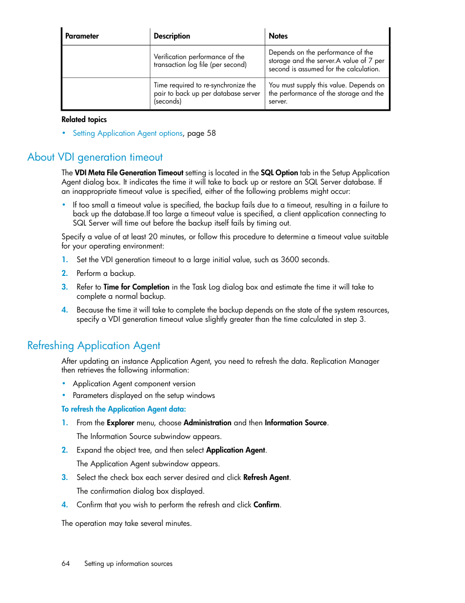 About vdi generation timeout, Refreshing application agent, 64 refreshing application agent | HP XP P9000 Command View Advanced Edition Software User Manual | Page 64 / 470