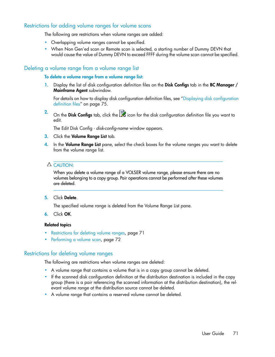 Deleting a volume range from a volume range list, Restrictions for deleting volume ranges, 71 restrictions for deleting volume ranges | HP XP P9000 Command View Advanced Edition Software User Manual | Page 71 / 470