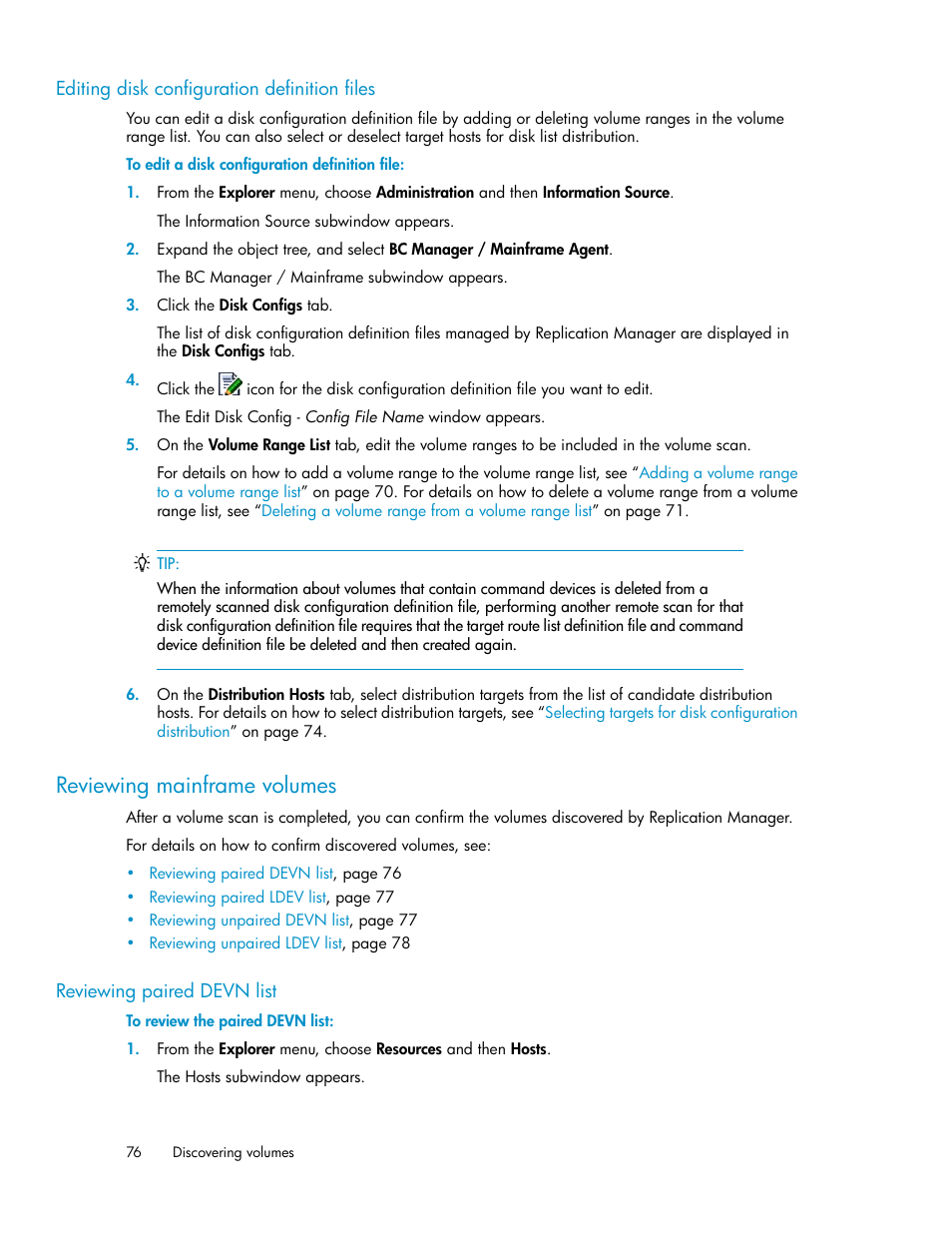 Editing disk configuration definition files, Reviewing mainframe volumes, Reviewing paired devn list | HP XP P9000 Command View Advanced Edition Software User Manual | Page 76 / 470