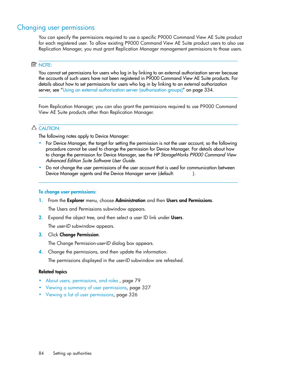 Changing user permissions | HP XP P9000 Command View Advanced Edition Software User Manual | Page 84 / 470