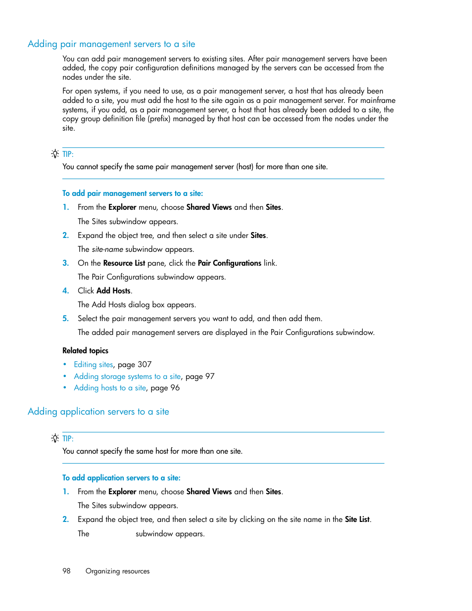 Adding pair management servers to a site, Adding application servers to a site, 98 adding application servers to a site | HP XP P9000 Command View Advanced Edition Software User Manual | Page 98 / 470