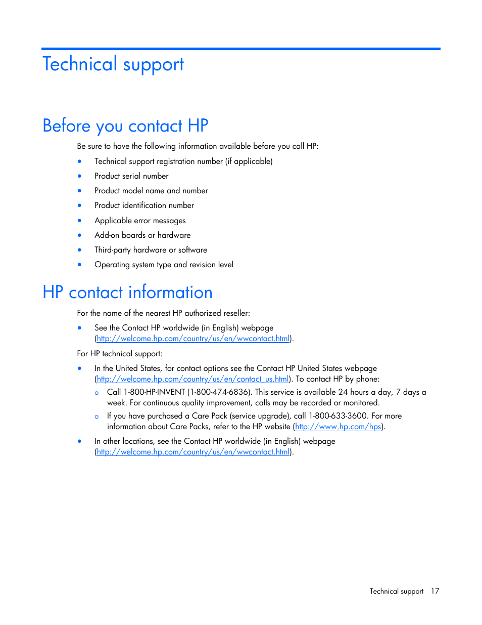 Technical support, Before you contact hp, Hp contact information | HP Virtual Connect 1.10Gb-F Ethernet Module for c-Class BladeSystem User Manual | Page 17 / 18