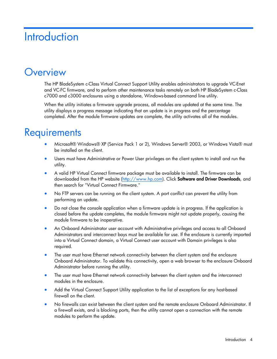Introduction, Overview, Requirements | HP Virtual Connect 1.10Gb-F Ethernet Module for c-Class BladeSystem User Manual | Page 4 / 18