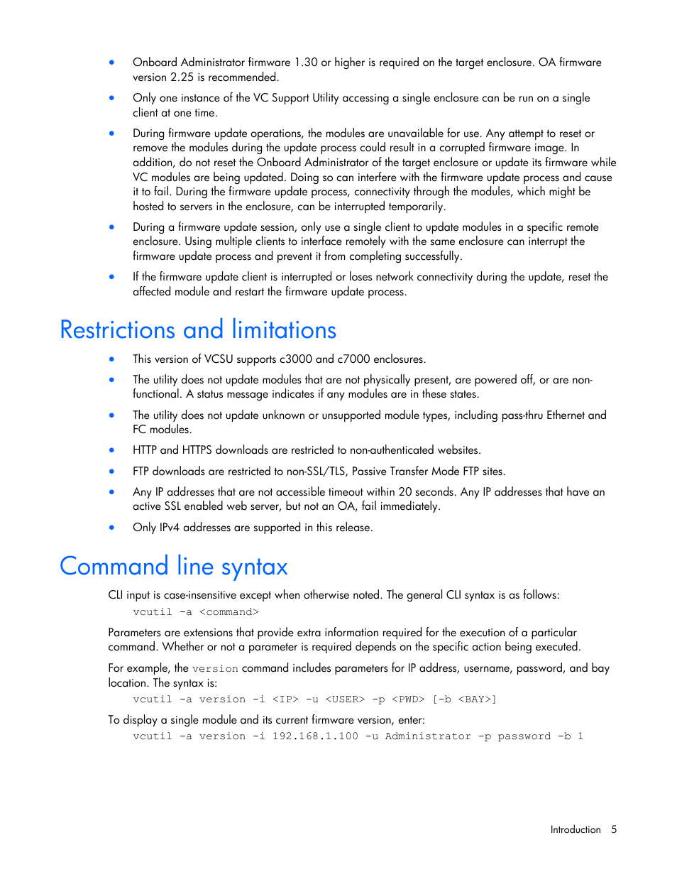 Restrictions and limitations, Command line syntax | HP Virtual Connect 1.10Gb-F Ethernet Module for c-Class BladeSystem User Manual | Page 5 / 18