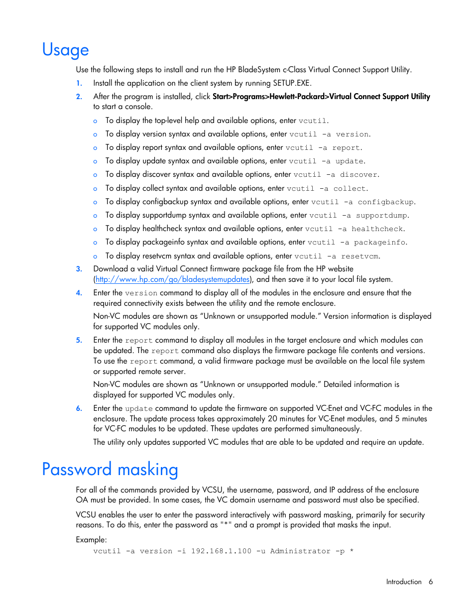 Usage, Password masking | HP Virtual Connect 1.10Gb-F Ethernet Module for c-Class BladeSystem User Manual | Page 6 / 18