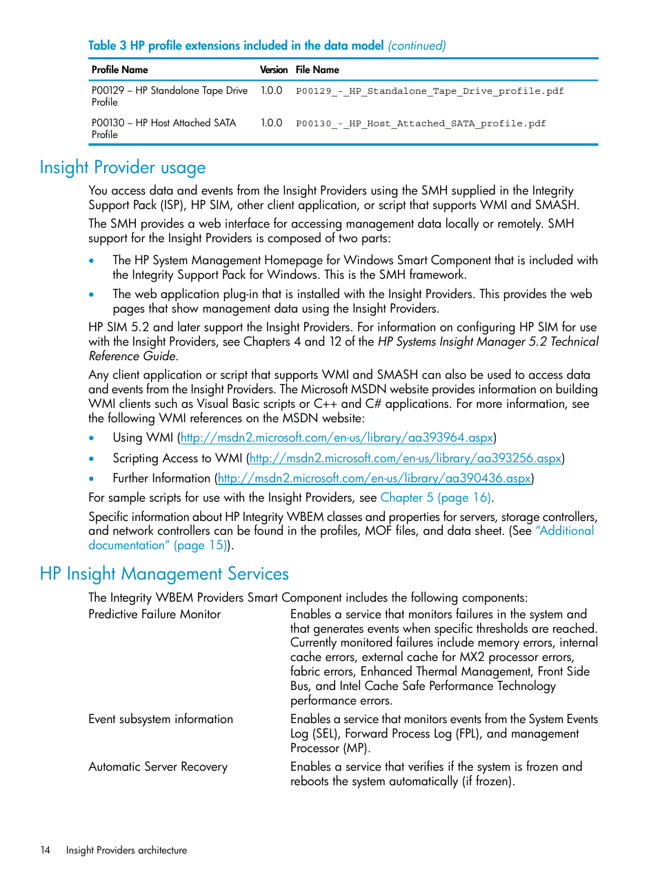 Insight provider usage, Hp insight management services | HP Integrity rx3600 Server User Manual | Page 14 / 22