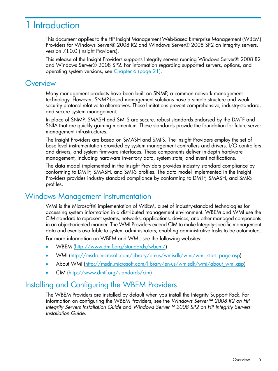 1 introduction, Overview, Windows management instrumentation | Installing and configuring the wbem providers | HP Integrity rx3600 Server User Manual | Page 5 / 22