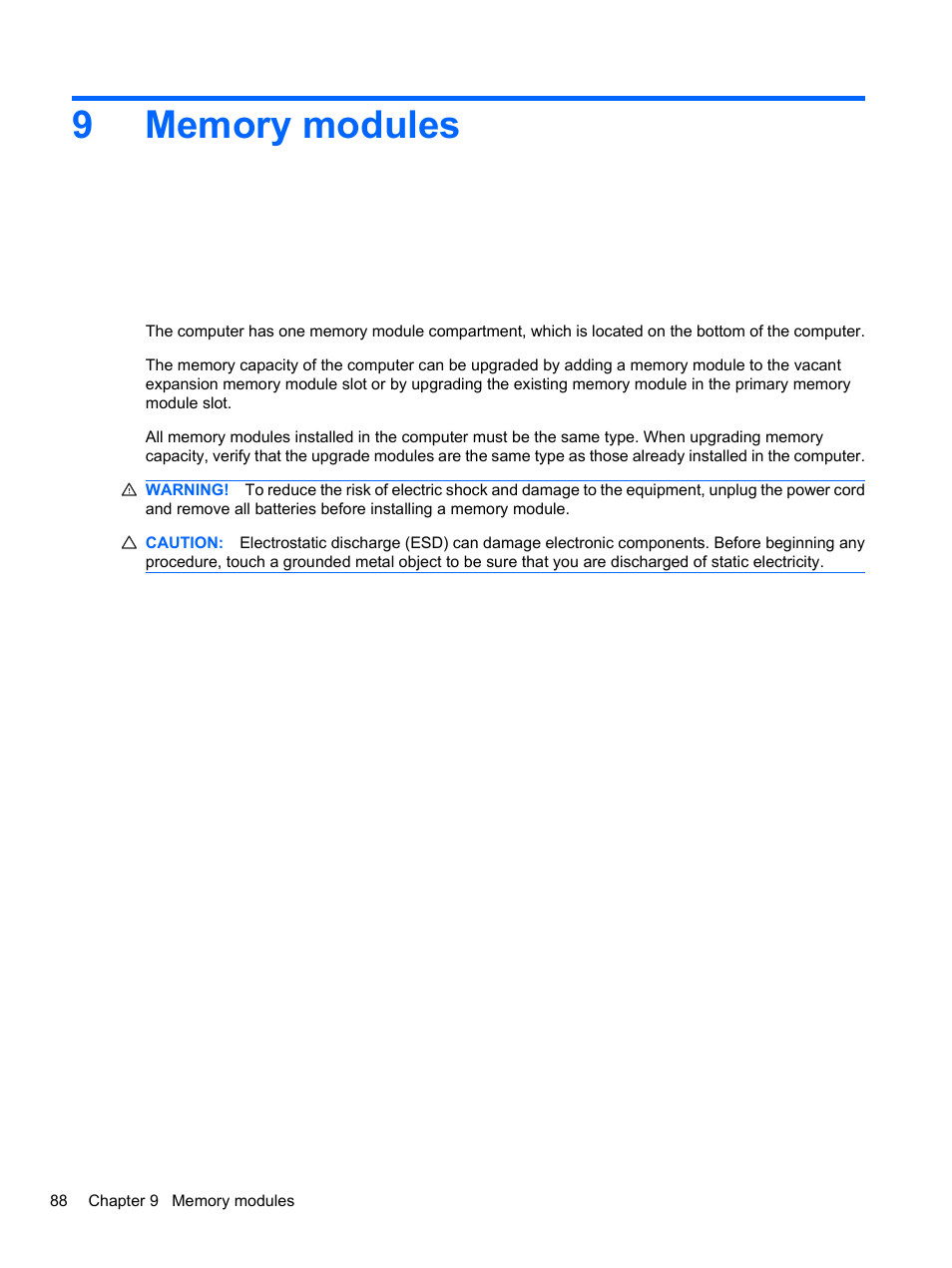 Memory modules, 9 memory modules | HP Compaq 620 Notebook-PC User Manual | Page 100 / 158