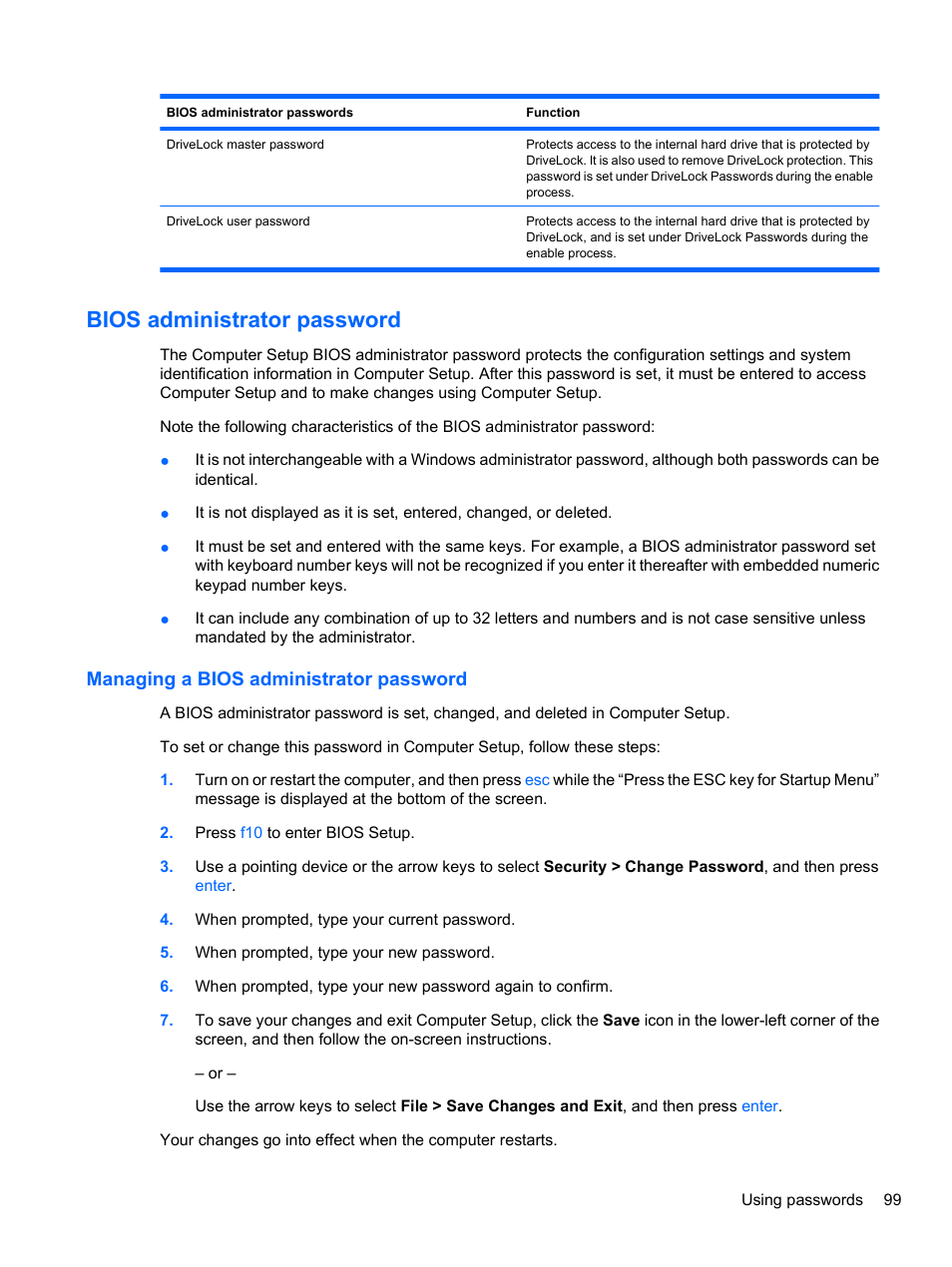 Bios administrator password, Managing a bios administrator password | HP Compaq 620 Notebook-PC User Manual | Page 111 / 158