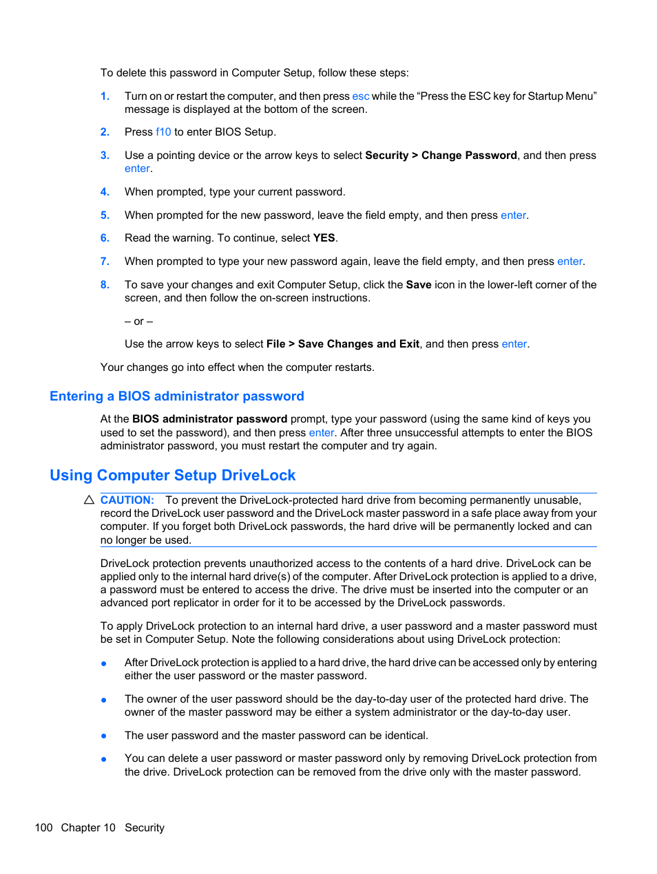 Entering a bios administrator password, Using computer setup drivelock | HP Compaq 620 Notebook-PC User Manual | Page 112 / 158