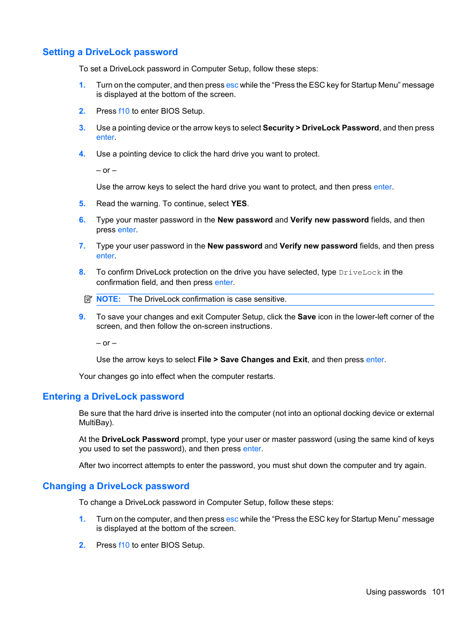 Setting a drivelock password, Entering a drivelock password, Changing a drivelock password | HP Compaq 620 Notebook-PC User Manual | Page 113 / 158