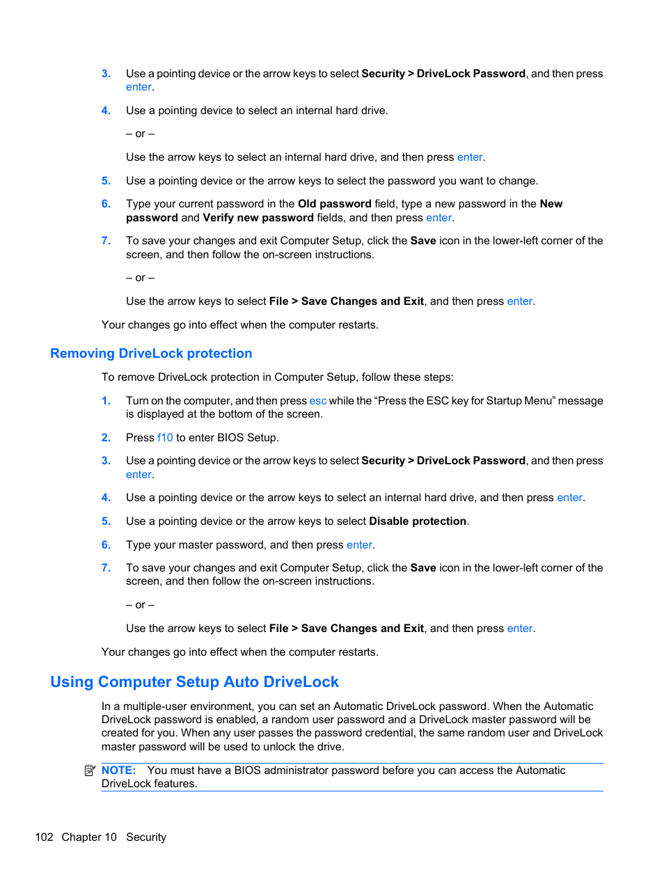 Removing drivelock protection, Using computer setup auto drivelock | HP Compaq 620 Notebook-PC User Manual | Page 114 / 158