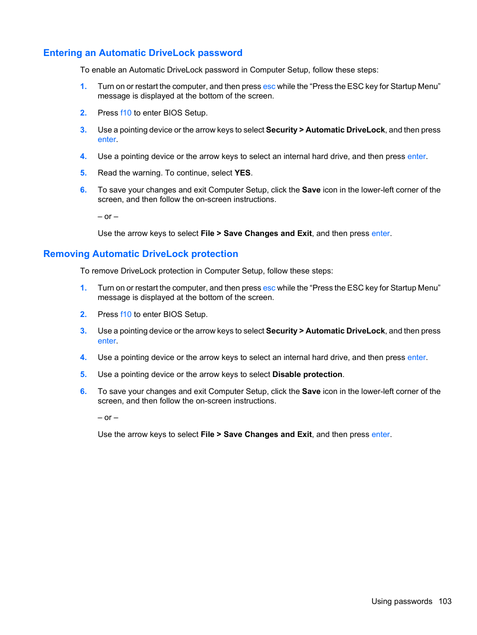 Entering an automatic drivelock password, Removing automatic drivelock protection | HP Compaq 620 Notebook-PC User Manual | Page 115 / 158