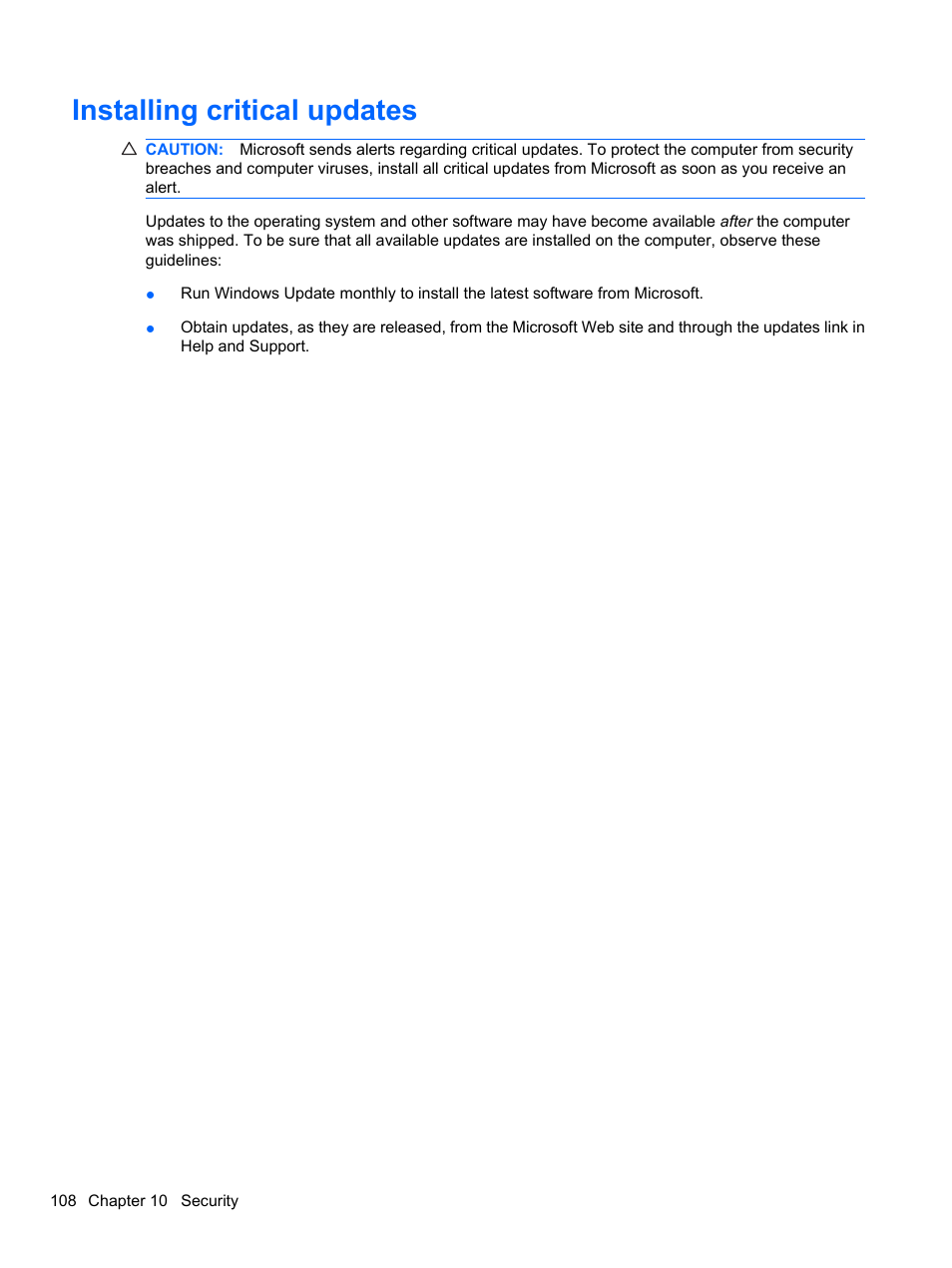 Installing critical updates | HP Compaq 620 Notebook-PC User Manual | Page 120 / 158