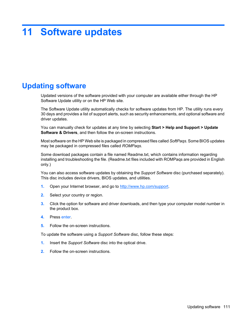 Software updates, Updating software, 11 software updates | HP Compaq 620 Notebook-PC User Manual | Page 123 / 158