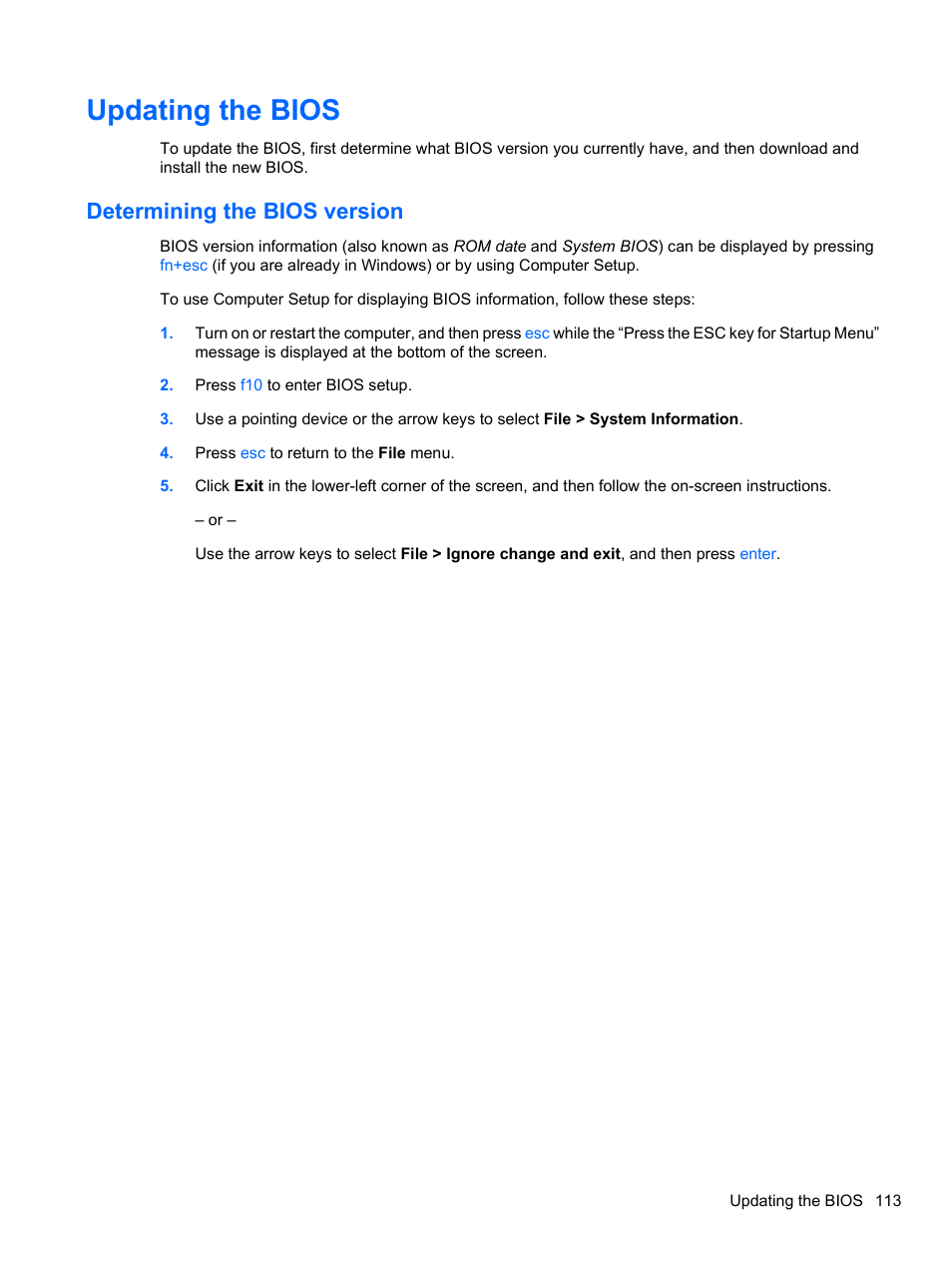 Updating the bios, Determining the bios version | HP Compaq 620 Notebook-PC User Manual | Page 125 / 158
