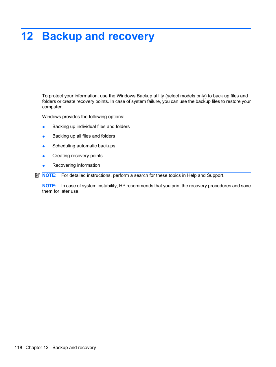 Backup and recovery, 12 backup and recovery | HP Compaq 620 Notebook-PC User Manual | Page 130 / 158
