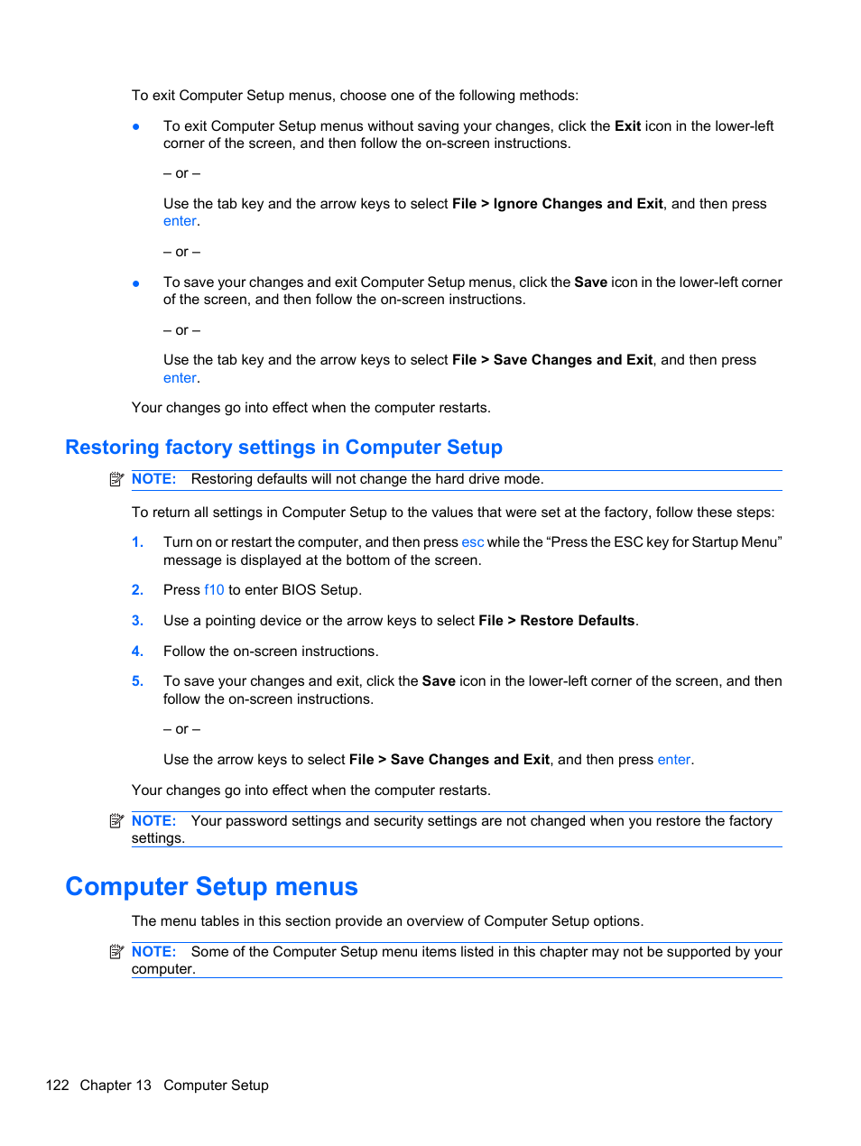 Restoring factory settings in computer setup, Computer setup menus | HP Compaq 620 Notebook-PC User Manual | Page 134 / 158