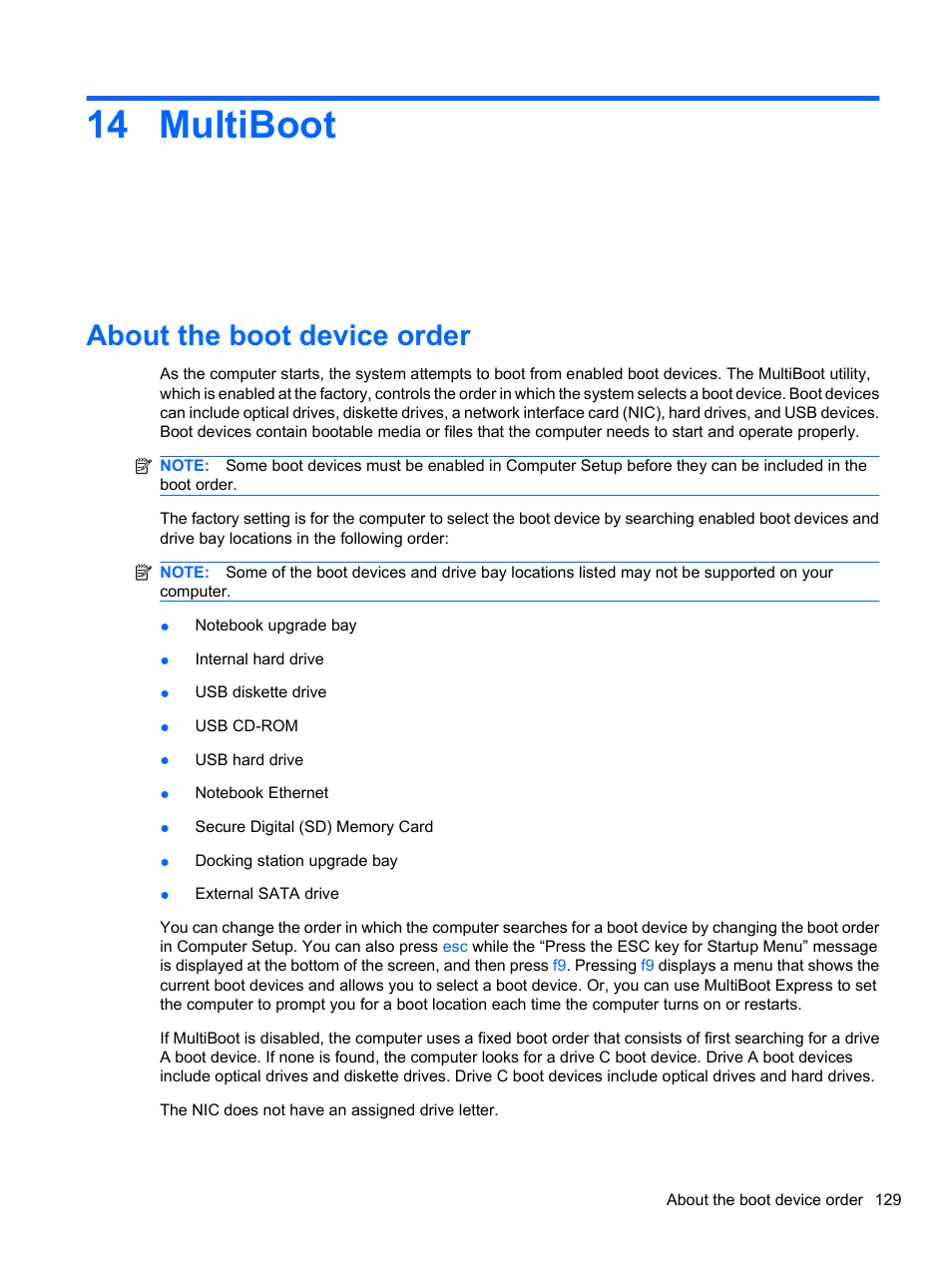 Multiboot, About the boot device order, 14 multiboot | HP Compaq 620 Notebook-PC User Manual | Page 141 / 158