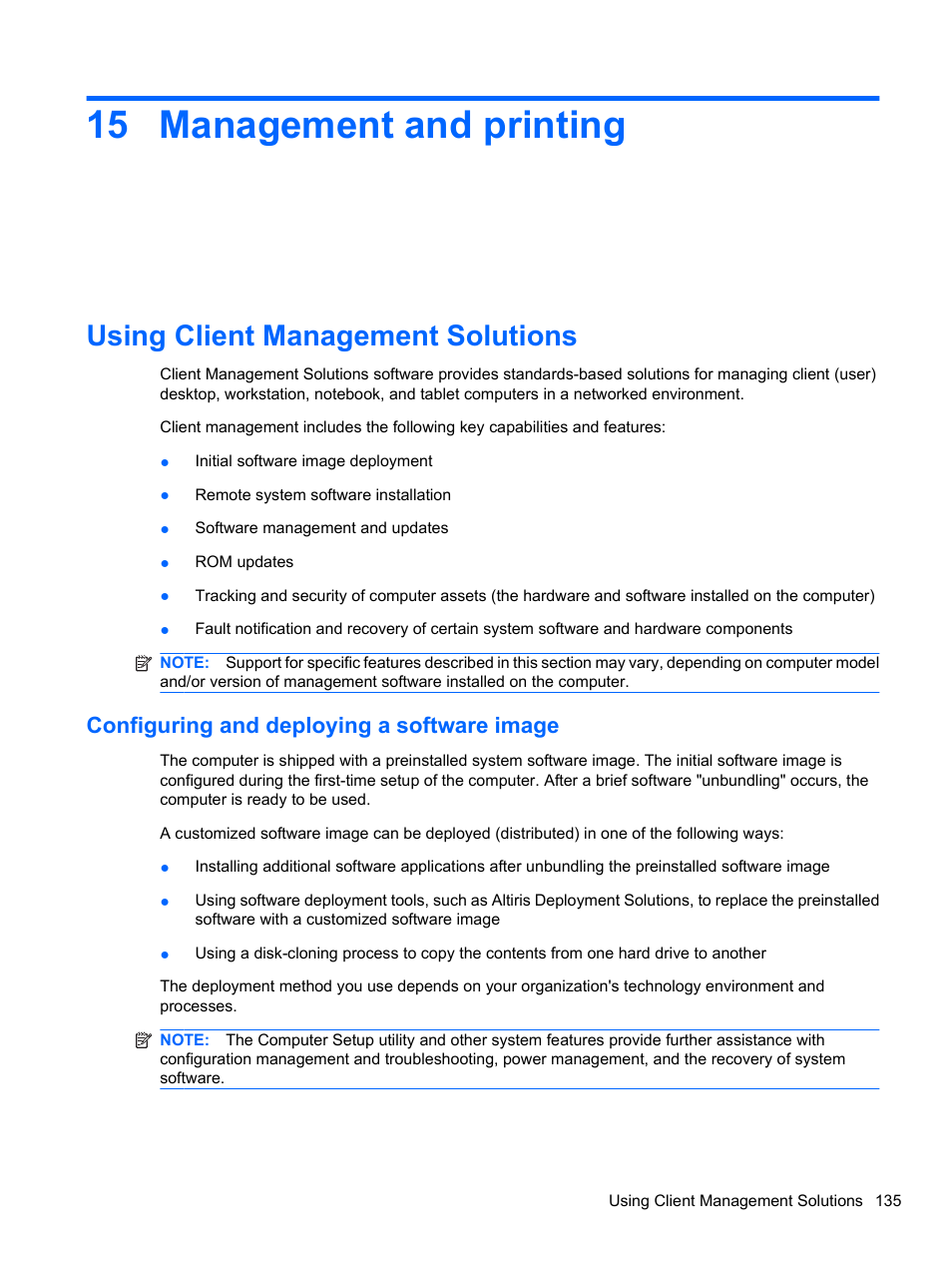 Management and printing, Using client management solutions, Configuring and deploying a software image | 15 management and printing | HP Compaq 620 Notebook-PC User Manual | Page 147 / 158