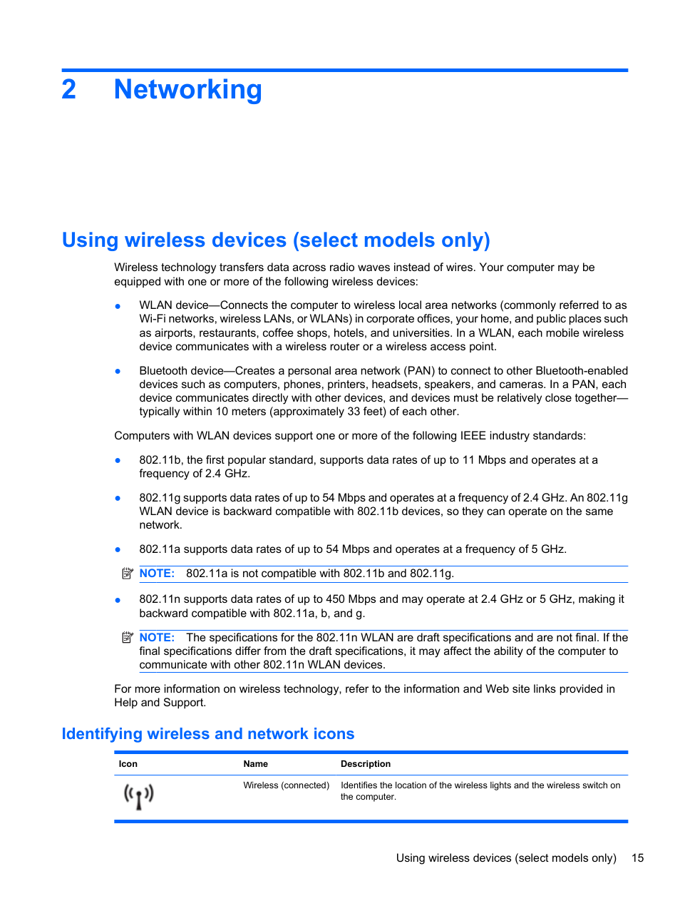 Networking, Using wireless devices (select models only), Identifying wireless and network icons | 2 networking, 2networking | HP Compaq 620 Notebook-PC User Manual | Page 27 / 158