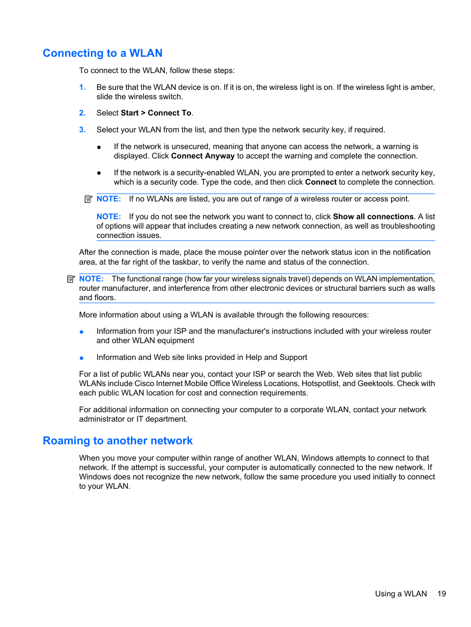 Connecting to a wlan, Roaming to another network, Connecting to a wlan roaming to another network | HP Compaq 620 Notebook-PC User Manual | Page 31 / 158