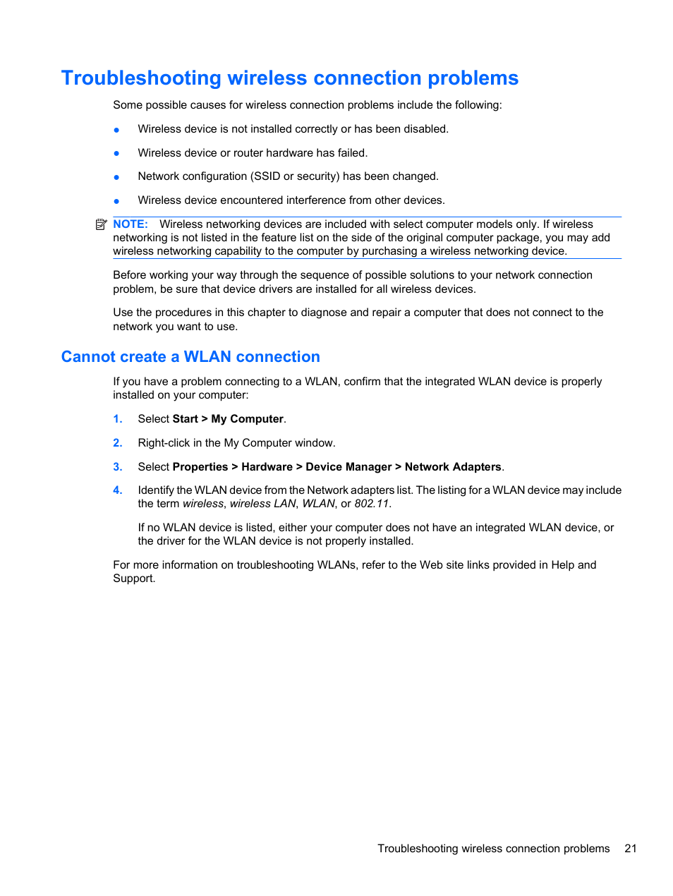 Troubleshooting wireless connection problems, Cannot create a wlan connection | HP Compaq 620 Notebook-PC User Manual | Page 33 / 158