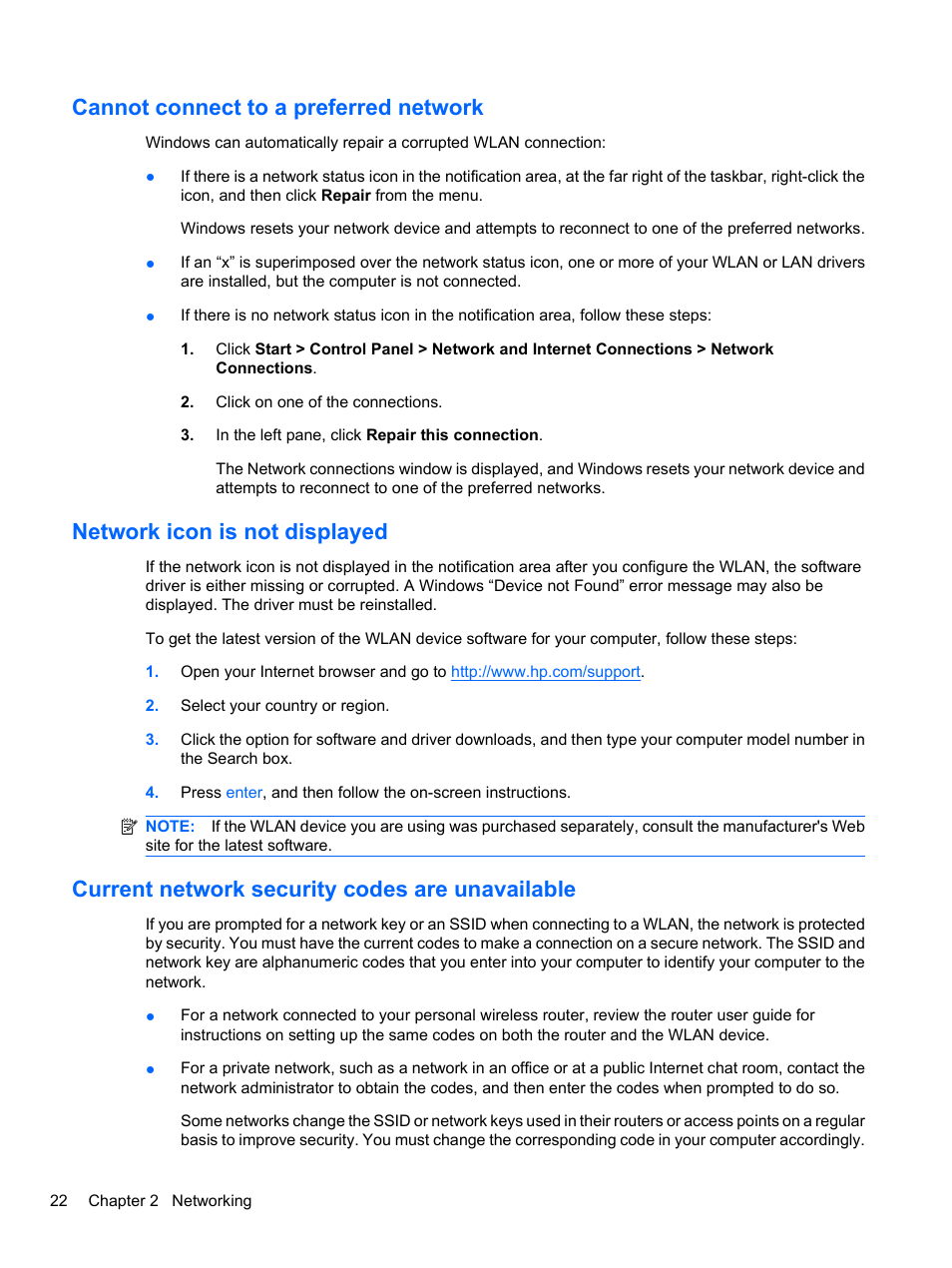 Cannot connect to a preferred network, Network icon is not displayed, Current network security codes are unavailable | HP Compaq 620 Notebook-PC User Manual | Page 34 / 158