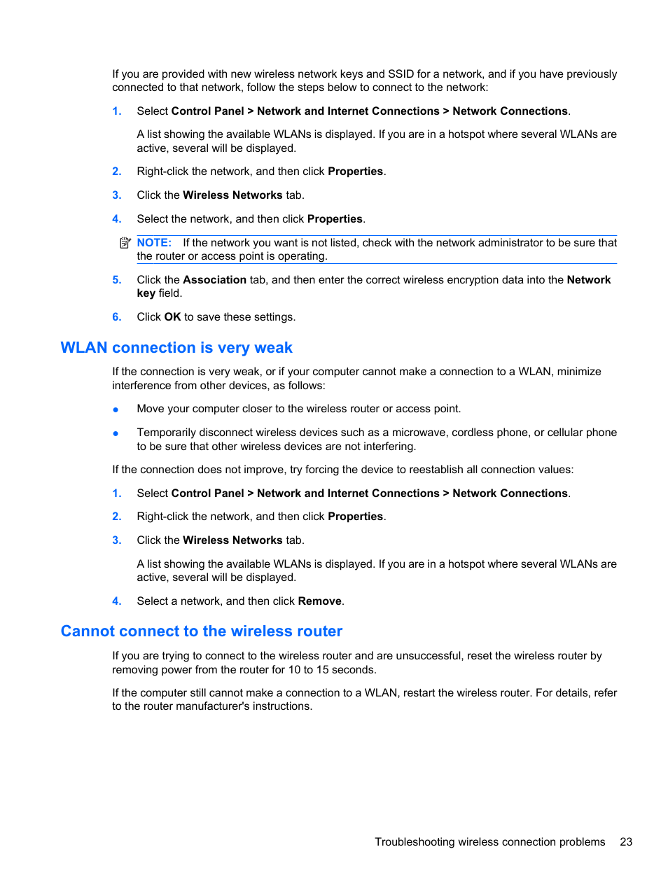 Wlan connection is very weak, Cannot connect to the wireless router | HP Compaq 620 Notebook-PC User Manual | Page 35 / 158