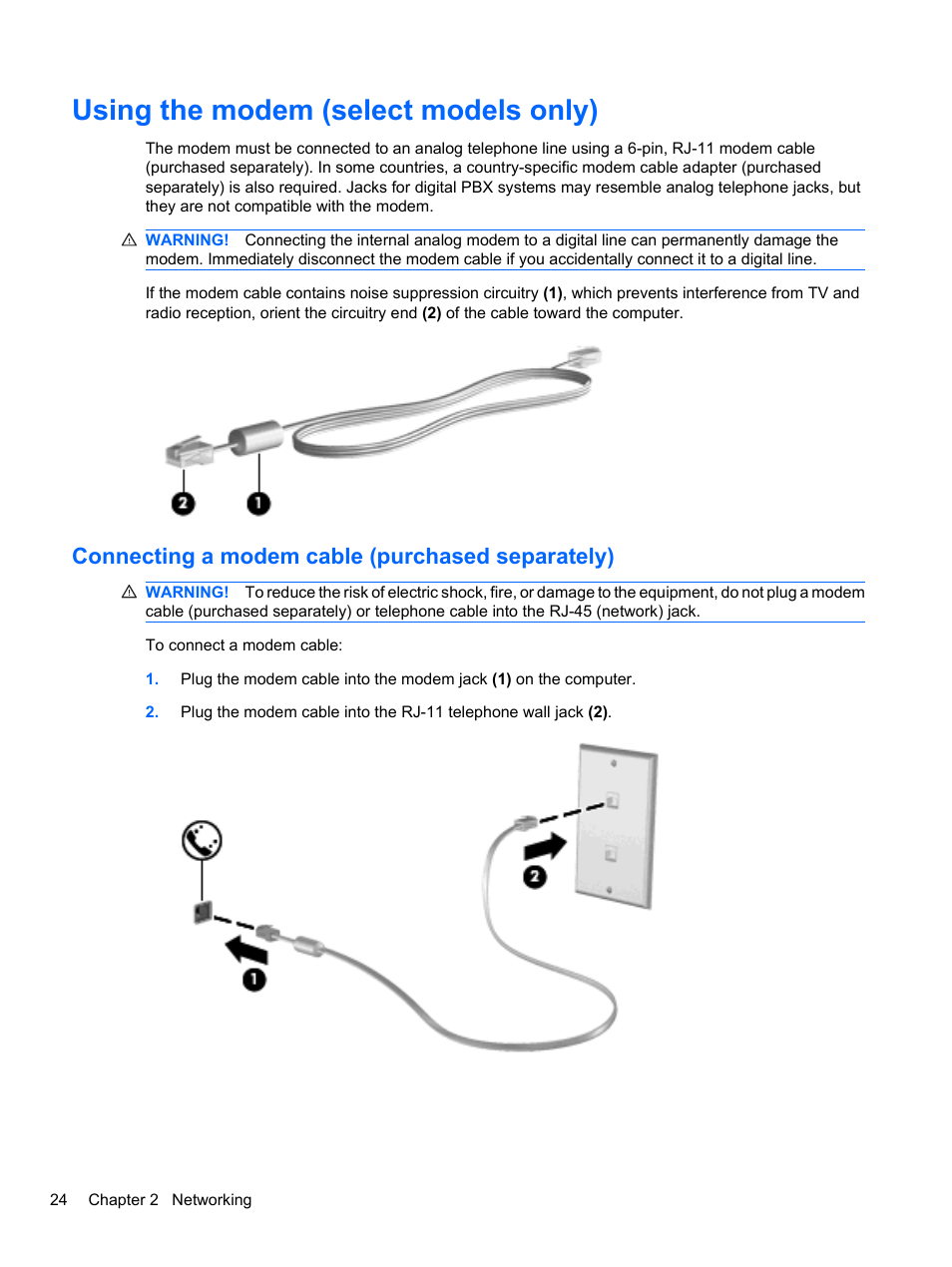 Using the modem (select models only), Connecting a modem cable (purchased separately) | HP Compaq 620 Notebook-PC User Manual | Page 36 / 158