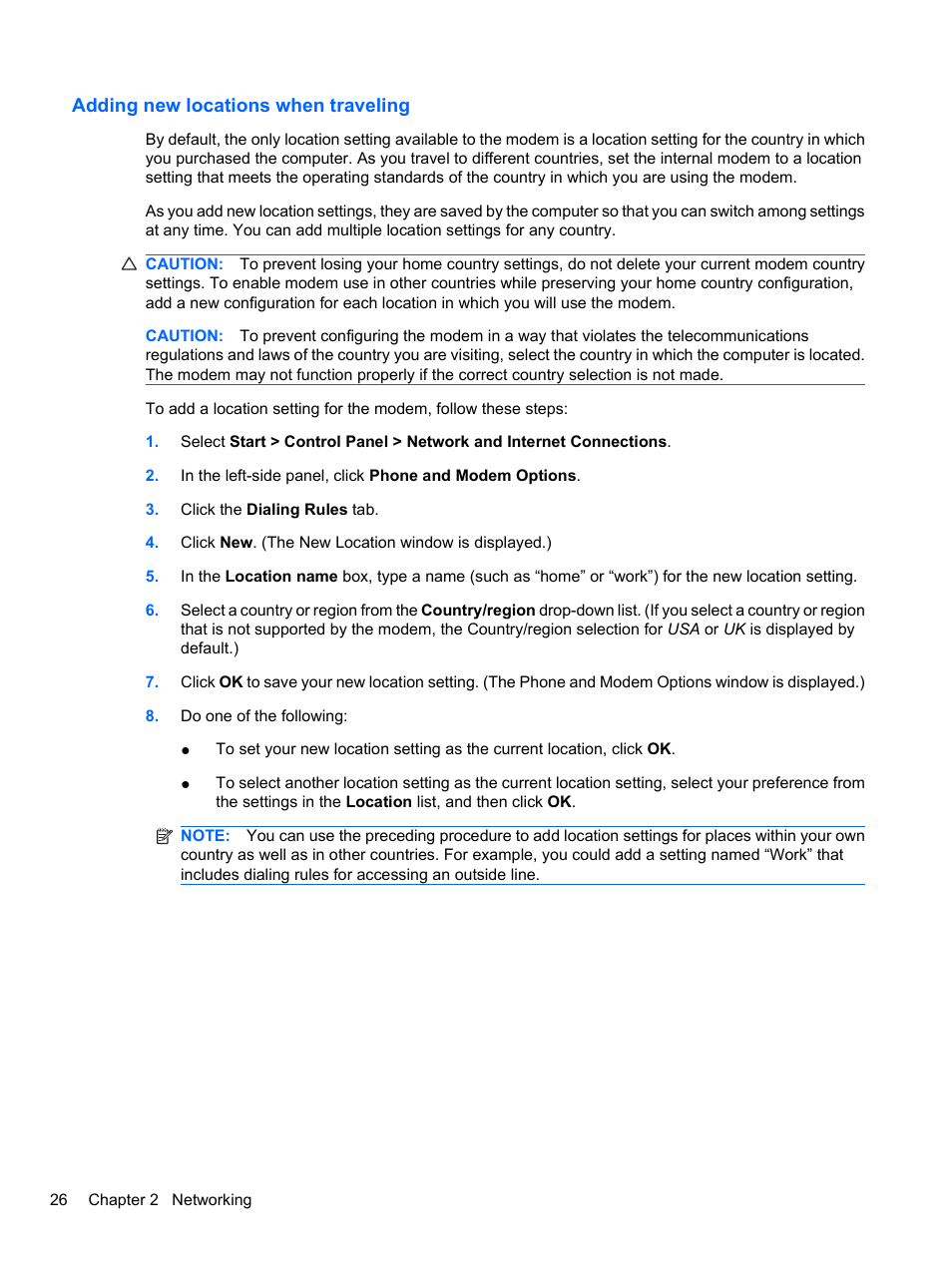 Adding new locations when traveling | HP Compaq 620 Notebook-PC User Manual | Page 38 / 158