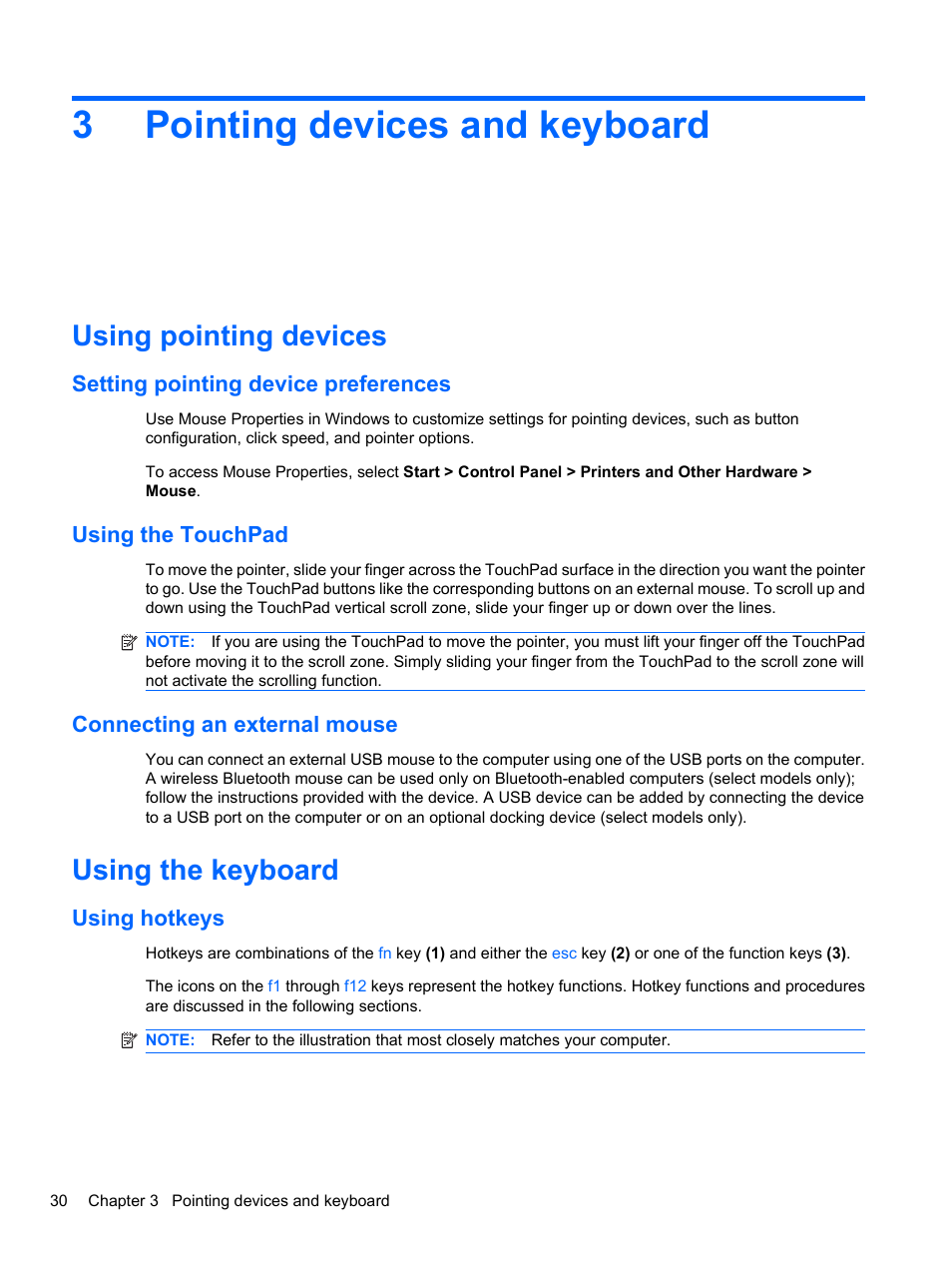 Pointing devices and keyboard, Using pointing devices, Setting pointing device preferences | Using the touchpad, Connecting an external mouse, Using the keyboard, Using hotkeys, 3 pointing devices and keyboard, 3pointing devices and keyboard | HP Compaq 620 Notebook-PC User Manual | Page 42 / 158