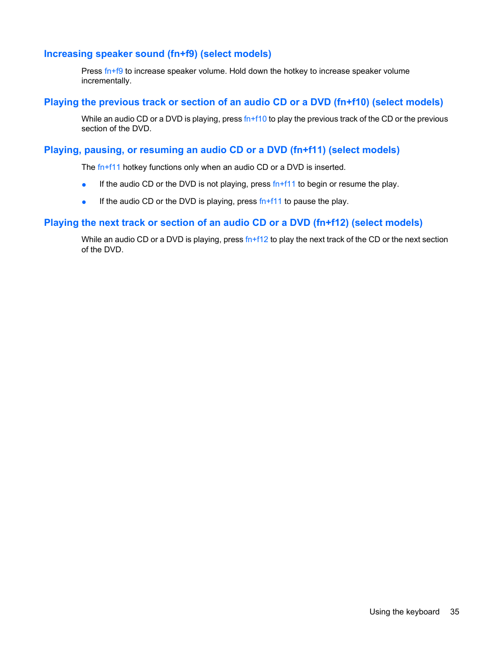 Increasing speaker sound (fn+f9) (select models) | HP Compaq 620 Notebook-PC User Manual | Page 47 / 158