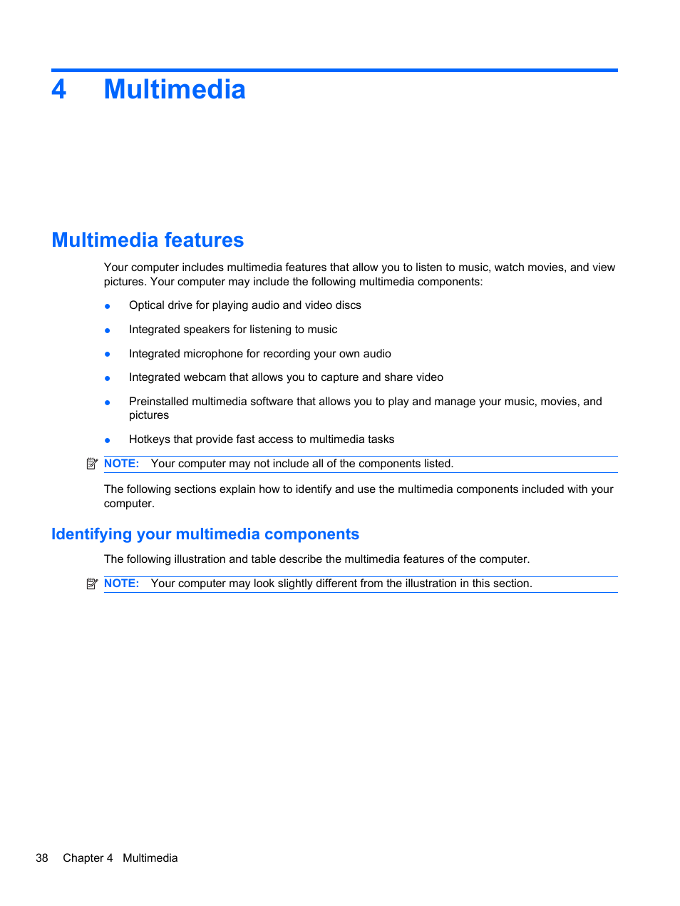 Multimedia, Multimedia features, Identifying your multimedia components | 4 multimedia, 4multimedia | HP Compaq 620 Notebook-PC User Manual | Page 50 / 158
