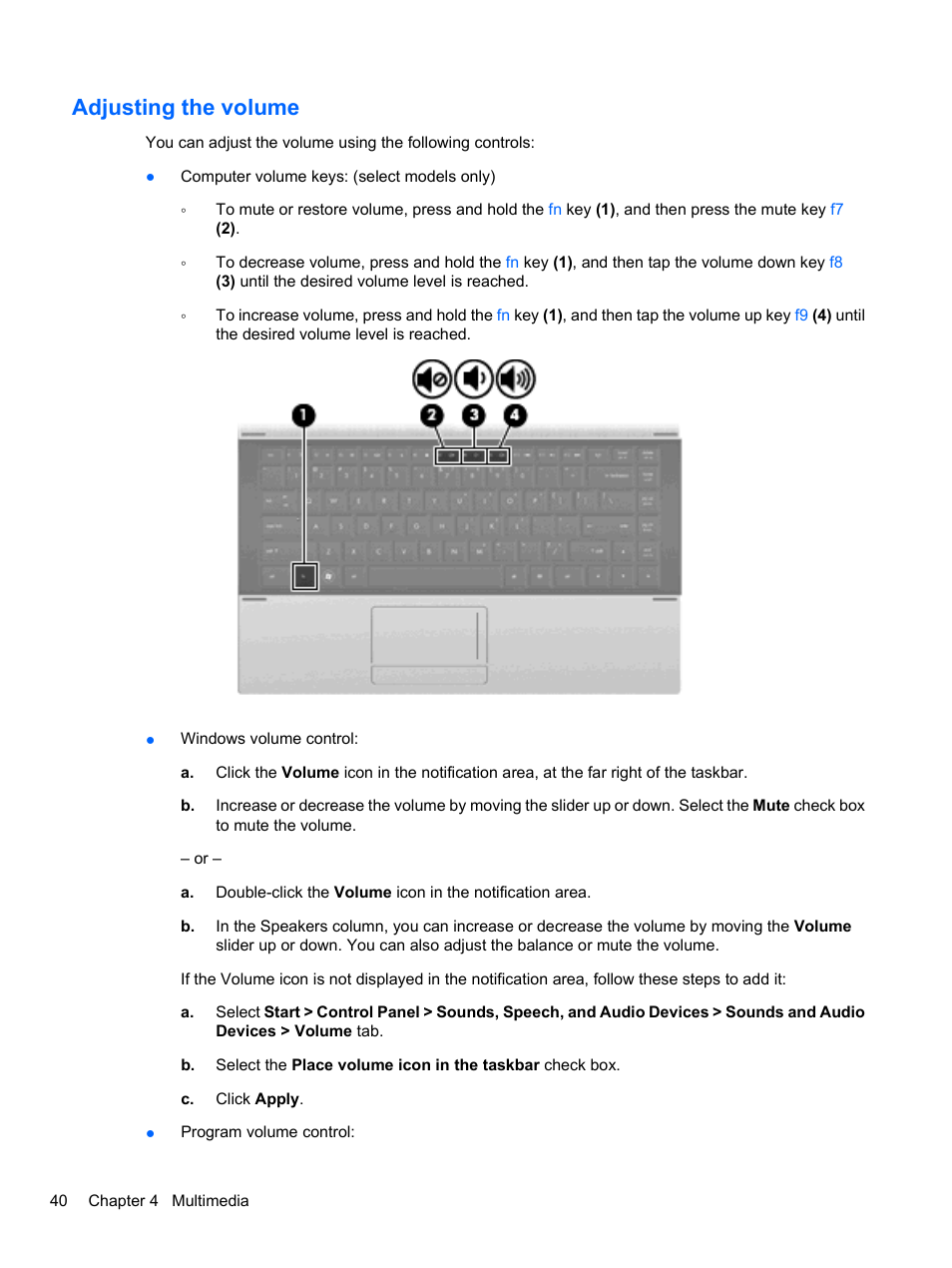 Adjusting the volume | HP Compaq 620 Notebook-PC User Manual | Page 52 / 158