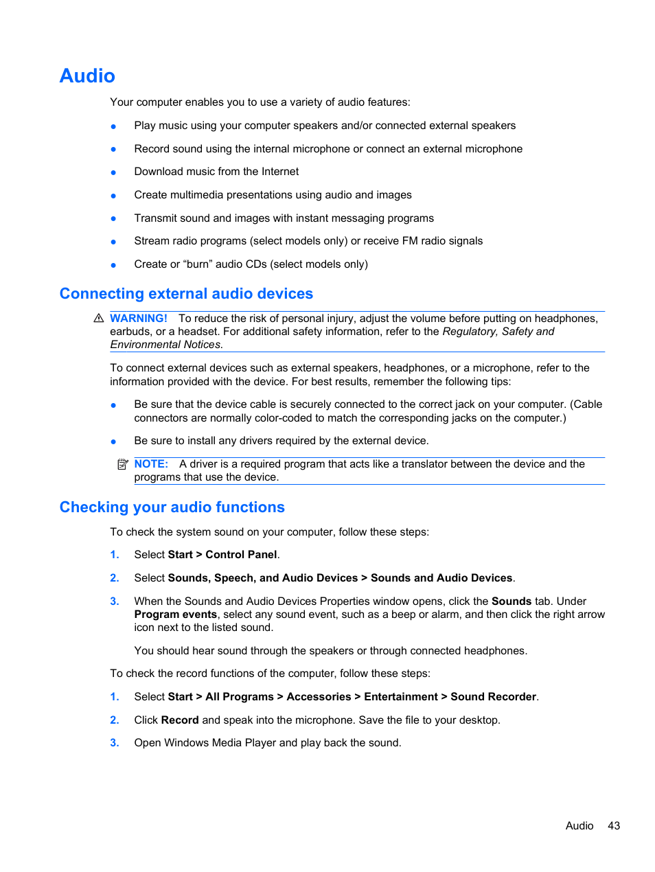Audio, Connecting external audio devices, Checking your audio functions | HP Compaq 620 Notebook-PC User Manual | Page 55 / 158